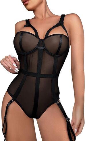 مثير Strappy Underwire محض شبكة الدانتيل الرباط الحزام الملابس الداخلية تيدي ارتداءها أعلى مجموعة 2 قطعة in Saudi Arabia
