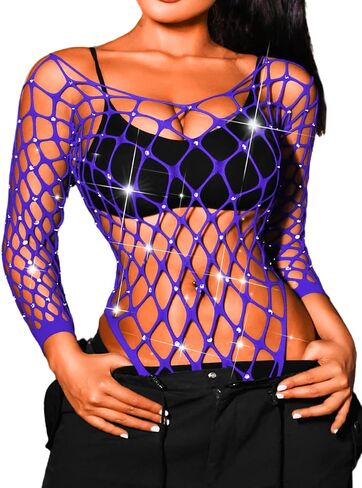 Kaei&Shi Rhinestone Fishnet Bodysuit,Mesh Sexy Rave Outfit For Women,Hollow Out Exotic Wear Dancer Outfits in Kuwait