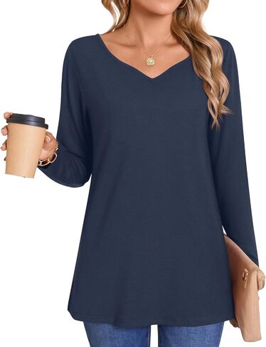 LONGYUAN Women's Shirts Long Sleeve V-Neck Comfort Tee Basic Tops Casual Fitted Blouses Outfits Fall 2024 in Kuwait