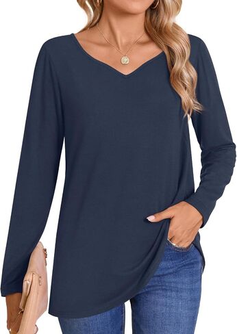 LONGYUAN Women's Shirts Long Sleeve V-Neck Comfort Tee Basic Tops Casual Fitted Blouses Outfits Fall 2024 in Kuwait