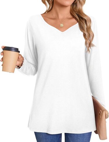 LONGYUAN Women's Shirts Long Sleeve V-Neck Comfort Tee Basic Tops Casual Fitted Blouses Outfits Fall 2024 in Kuwait