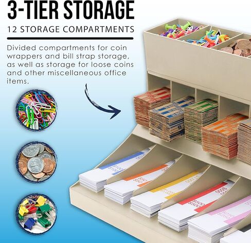 منظم أغلفة العملات والنقود من 3 طبقات من Nadex - حزام فاتورة العملات المعدنية المكون من 12 حجرة وحامل أنابيب العملات المعدنية مع صينية أدوات مكونة من 5 حجرات - يتضمن 300 غلاف نقدي و100 أنبوب عملات معدنية (بيج) in Kuwait