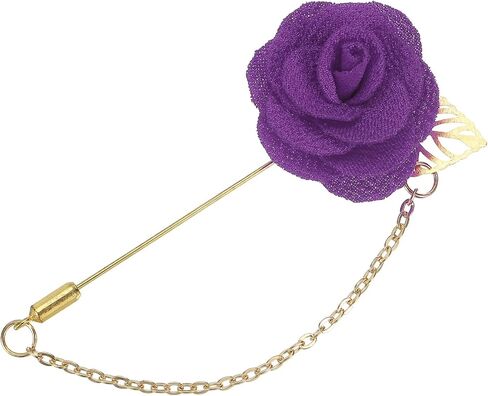 MECCANIXITY Lapel Pin for Men Cloth Rose Flower Pin Suit Lapel Stick Handmade Boutonnieres with Leaf/Tassel Chain Brooch for Bridegroom Wedding in Saudi Arabia
