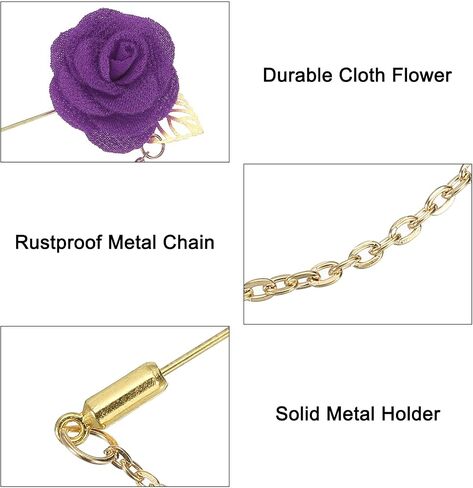 MECCANIXITY Lapel Pin for Men Cloth Rose Flower Pin Suit Lapel Stick Handmade Boutonnieres with Leaf/Tassel Chain Brooch for Bridegroom Wedding in Saudi Arabia
