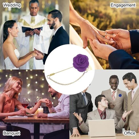MECCANIXITY Lapel Pin for Men Cloth Rose Flower Pin Suit Lapel Stick Handmade Boutonnieres with Leaf/Tassel Chain Brooch for Bridegroom Wedding in Saudi Arabia