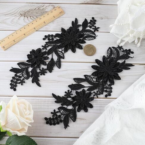 GORGECRAFT 4Pcs 3D Embroidered Flower Lace Applique 3-Layers Daisy Floral Leaves Embroidery Fabric Patches Black Sew on Collar Appliques for DIY Sewing Crafts Wedding Clothing Bags Embellishments in Saudi Arabia