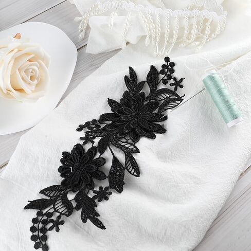 GORGECRAFT 4Pcs 3D Embroidered Flower Lace Applique 3-Layers Daisy Floral Leaves Embroidery Fabric Patches Black Sew on Collar Appliques for DIY Sewing Crafts Wedding Clothing Bags Embellishments in Saudi Arabia