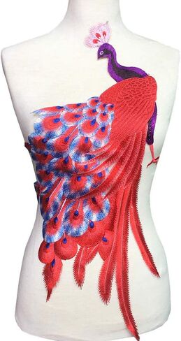Sew On Peacock Embroidery Patch Lace Large Embroidered Applique Bird Patches for Clothing Parches Bordados Dress, Chi-pao DIY (red) in Saudi Arabia