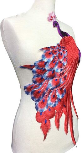 Sew On Peacock Embroidery Patch Lace Large Embroidered Applique Bird Patches for Clothing Parches Bordados Dress, Chi-pao DIY (red) in Saudi Arabia
