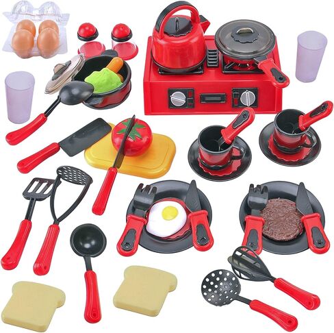 44 Pieces Kids Kitchen Toy Accessories, Mini Breakfast Stove Top Appliances Playset with Fake Cookware, Pretend Play Food, and Utensils in Saudi Arabia