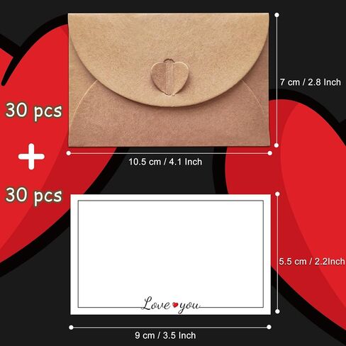 30 pcs Mini Envelopes with Cards Little Kraft Paper Envelopes with Heart Shaped Clasp Small Envelope with Love You Card Cards with Envelopes for Business Card Gift Cards Weddings Favors(4.1x2.8inch) in Saudi Arabia