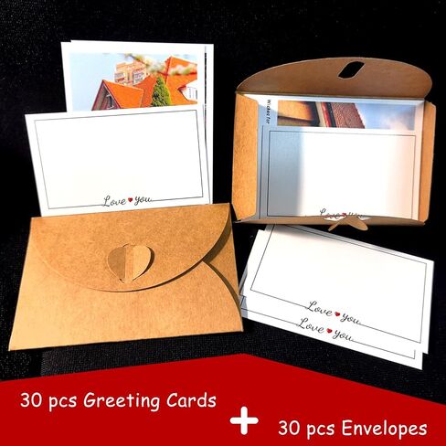 30 pcs Mini Envelopes with Cards Little Kraft Paper Envelopes with Heart Shaped Clasp Small Envelope with Love You Card Cards with Envelopes for Business Card Gift Cards Weddings Favors(4.1x2.8inch) in Saudi Arabia