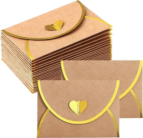 مغلفات بطاقات الهدايا مع مشبك ذهبي على شكل قلب - 48 قطعة - مظاريف كرافت صغيرة بحدود ذهبية، مغلف صغير بألوان متنوعة لبطاقات الملاحظات، وبطاقات العمل، والزفاف، 3.9 × 2.75 بوصة in Kuwait