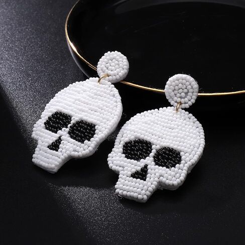 NLCAC الهالوين أقراط الجمجمة المطرزة بيان مخيف السكر هيكل جمجمة مطرز أقراط متدلية مجوهرات الهالوين للنساء in Kuwait