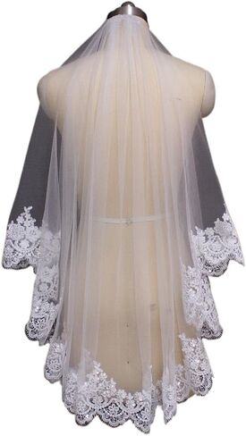 طرحة زفاف قصيرة من الدانتيل مع مشط بلينغ ترتر دانتيل طبقة واحدة حجاب زفاف أبيض عاجي للعروس ويلون in Kuwait