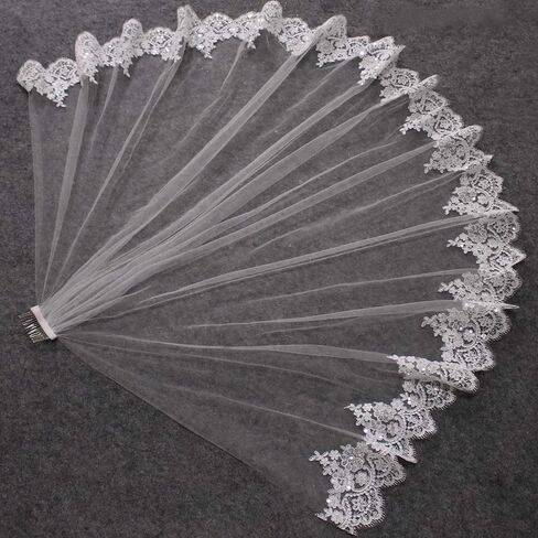 طرحة زفاف قصيرة من الدانتيل مع مشط بلينغ ترتر دانتيل طبقة واحدة حجاب زفاف أبيض عاجي للعروس ويلون in Kuwait