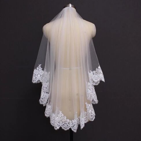 طرحة زفاف قصيرة من الدانتيل مع مشط بلينغ ترتر دانتيل طبقة واحدة حجاب زفاف أبيض عاجي للعروس ويلون in Kuwait