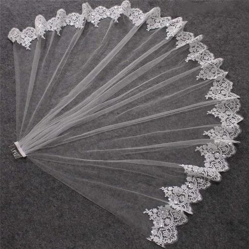 طرحة زفاف قصيرة من الدانتيل مع مشط بلينغ ترتر دانتيل طبقة واحدة حجاب زفاف أبيض عاجي للعروس ويلون in Kuwait