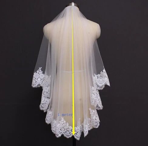طرحة زفاف قصيرة من الدانتيل مع مشط بلينغ ترتر دانتيل طبقة واحدة حجاب زفاف أبيض عاجي للعروس ويلون in Kuwait