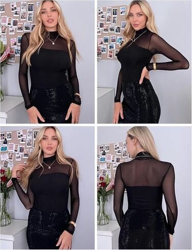 بلوزة نسائية Zeagoo مثيرة برقبة سلحفاة وأكمام طويلة وقمصان شبكية شفافة مكشكشة عصرية للخروج in Saudi Arabia