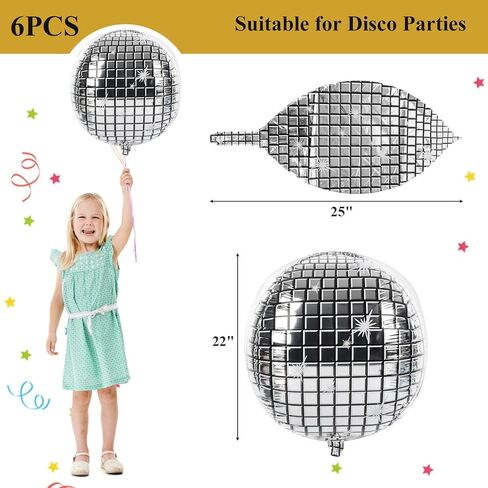 MCPINKY 6PCS Disco Ball Ballons, 25" Disco Foil Ballons Aluminum Helium Balloons Large Metallic Balloons for 80s 90s Dance Party Birthday Wedding in Kuwait