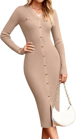 HAEOF Women's 2024 Fall Trendy Long Sleeve Midi Sweater Dress Dressy Casual V Neck Ribbed Knit Winter Formal Bodycon Dresses in Kuwait