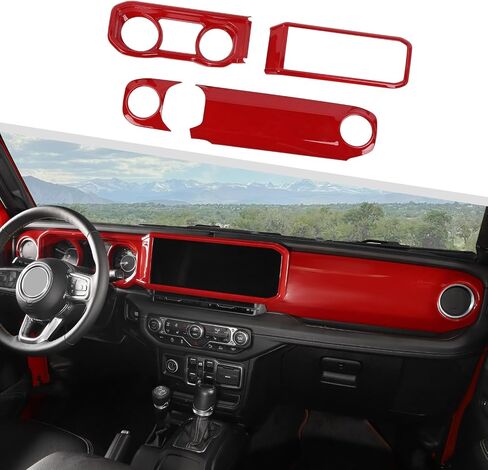 Jimen Fit for Jeep Wrangler JL JLU & Gladiator JT 2024-2025, 4PCS Center Console Dash Trim & Dashboard Cover Navigation Panel Interior Overlay (Red Carbon Fiber) in Kuwait