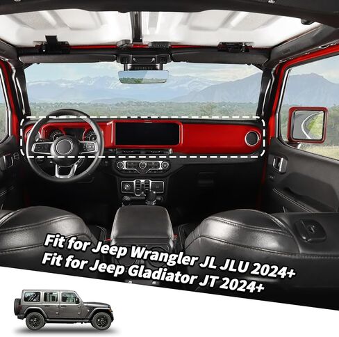 Jimen Fit for Jeep Wrangler JL JLU & Gladiator JT 2024-2025, 4PCS Center Console Dash Trim & Dashboard Cover Navigation Panel Interior Overlay (Red Carbon Fiber) in Kuwait