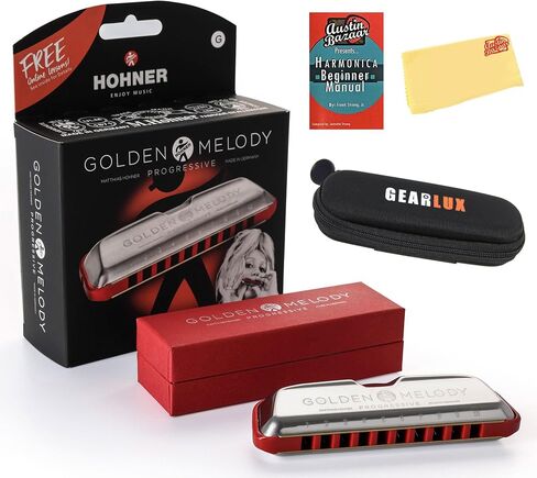 Hohner Golden Melody Harmonica - Key of C Bundle with Zip Case, Instructional Manual, and Austin Bazaar Polishing Cloth in Kuwait