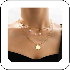 Sttiafay Boho Layered Pearl Coin Necklace Gold Disc Pendant Necklace Pearl Choker Necklace Chain Multilayered Pearl Chain Necklace Jewelry for Women and Girls