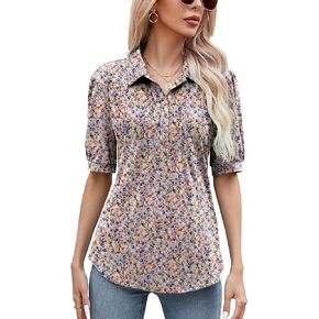Micoson Womens Blouses Dressy Casual Short Sleeve Button Down Collared Polo Shirt Loose Tunic 2023 Summer Tops