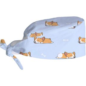 Working Cap with Button and Sweatband, Corgi Dog Blue, Adjustable Tie Back Head Skull Hat for Women Men