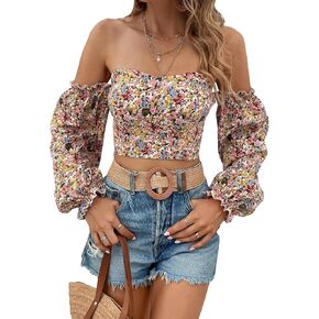 MakeMeChic Women's Off Shoulder Lantern Sleeve Crop Top Boho Ditsy Floral Blouse Shirt