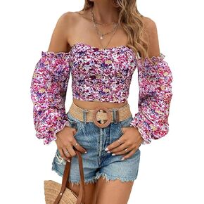 MakeMeChic Women's Off Shoulder Lantern Sleeve Crop Top Boho Ditsy Floral Blouse Shirt