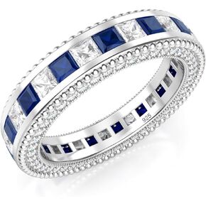 Metal Factory 925 Sterling Silver Princess Cut Blue & White Cubic Zirconia CZ Eternity Band Ring