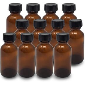 Amber Glass Bottles 1 Oz (30 ml) Pack Of 12 Empty Refillable Bottles With Black Cap