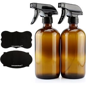 Cornucopia 16oz Amber Glass Spray Bottles w/Reusable Chalk Labels (2 Pack), Heavy Duty Mist & Stream 3-Setting Sprayer; Great for Essential Oils