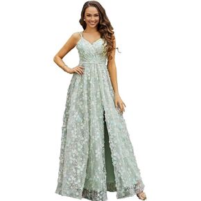 Women's Spaghetti Straps Sequins Prom Dress A Line V Neck Flower Tulle Long Formal Dress for Party SF02