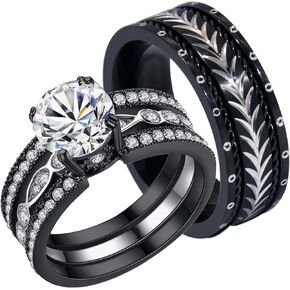 Couple Ring Bridal Set His And Hers Women 10k Black Gold Plated 2CT CZ Men Titanium Band Wedding Ring Band Set