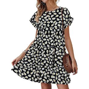Chuanqi Womens Ruffles Boho Floral Printed Babydoll Loose Swing Casual Short Mini T-Shirt Dress in Kuwait