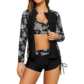 SHEKINI Women's 3 Piece Rash Guard Long Sleeve Bathing Suits with Drawstring Short