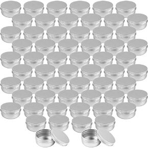 Foraineam 60 Pack 1.7 oz / 50ml Round Aluminum Lip Balm Tin Cans with Screw Top Lids - Silver Cosmetic Sample Containers - Metal Empty Tins Travel Storage Tin Jars for Salve, Spice, Candies or Crafts