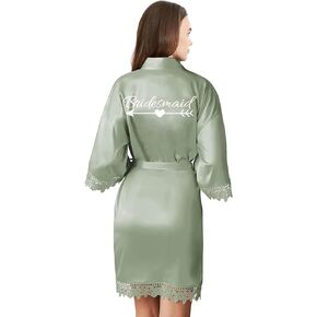 Sage Women's Satin Robe Lace Trim Kimono Robes Silk Bathrobe Bridesmaid Robes Wedding Party Loungewear Sleepwear