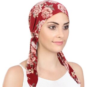 Women Soft Turban Hat Headbands, Pre-Tied Head Scarf Printed Ladiess Cotton Chemo Cap, Cancer Caps for Hair Loss Wine Red