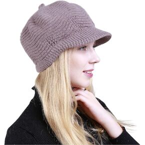 Women's Fleece Lined Winter Hat Slouchy Cable Knit Brim Cap Ski Cap with Visor