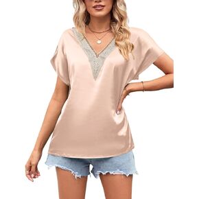 Women's Summer Tops Silk T Shirts Satin Blouse Tunic Tops V Neck Short Sleeve Shirt Dressy Casual Fashion Tees in Kuwait