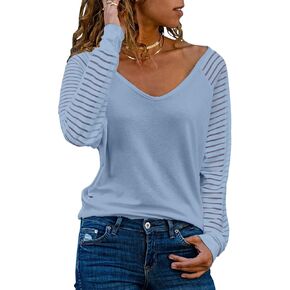 EVALESS Women's Casual V Neck Tops Long Sleeve Shirts Mesh Sheer Patchwork Blouses and Tops in Saudi Arabia