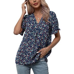 بلوزات نسائية من الشيفون كاجوال من LILBETTER برقبة على شكل حرف V وأكمام قصيرة، بلوزات صيفية للعمل المكتبي in Kuwait