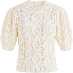 CHICWISH Women's Magenta/Tan/White Bubble Sleeve Braided Ribbed Sweater