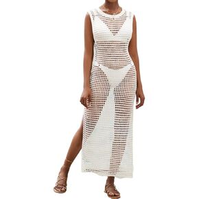 Bsubseach Crochet Swim Cover Up for Women Sleeveless Swimsuit Coverup Hollow Out Knitted Beach Tank Dress White